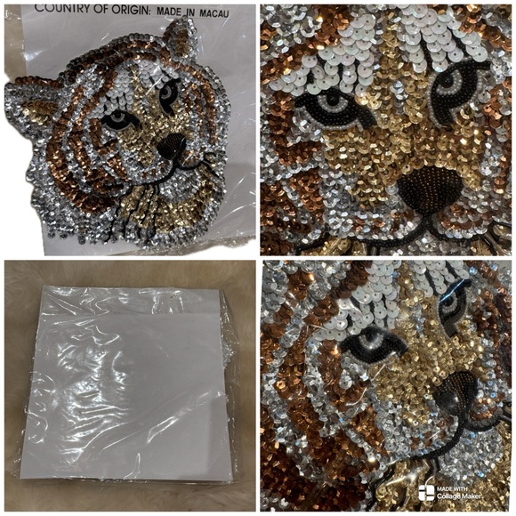 Vintage Silver Gold Tigers Head Appliqué Sequins And Beads 8.5" ht 8.5 wide NIP - Picture 1 of 5